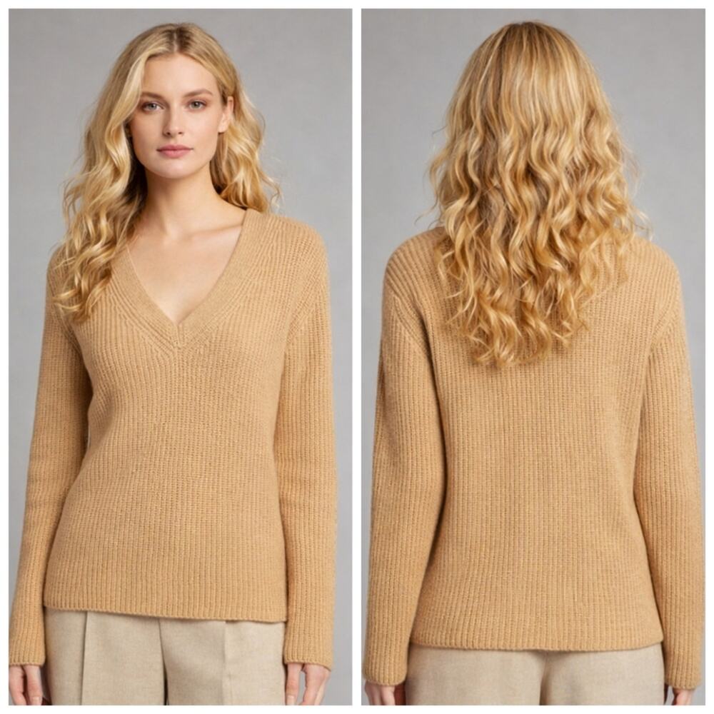 Vince Shaker Rib V-Neck Cashmere Sweater Camel $395 Medium    F359